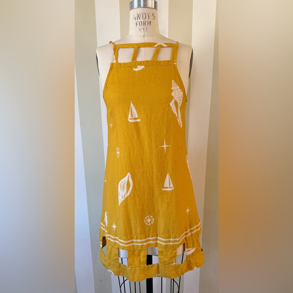 Anthropologie Mustard Yellow Nautical Mini Dress linen size S
